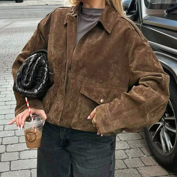 Brown Casual Women's Zip  upfaux Suede Bomber Jacket Coat - Picture 2 of 8